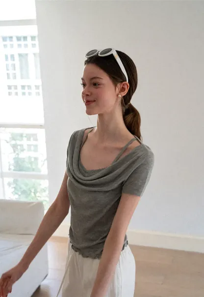 Cowl Neck Short Sleeve Woolen Knit Sweater