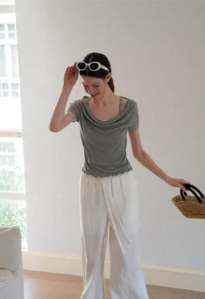 Cowl Neck Short Sleeve Woolen Knit Sweater