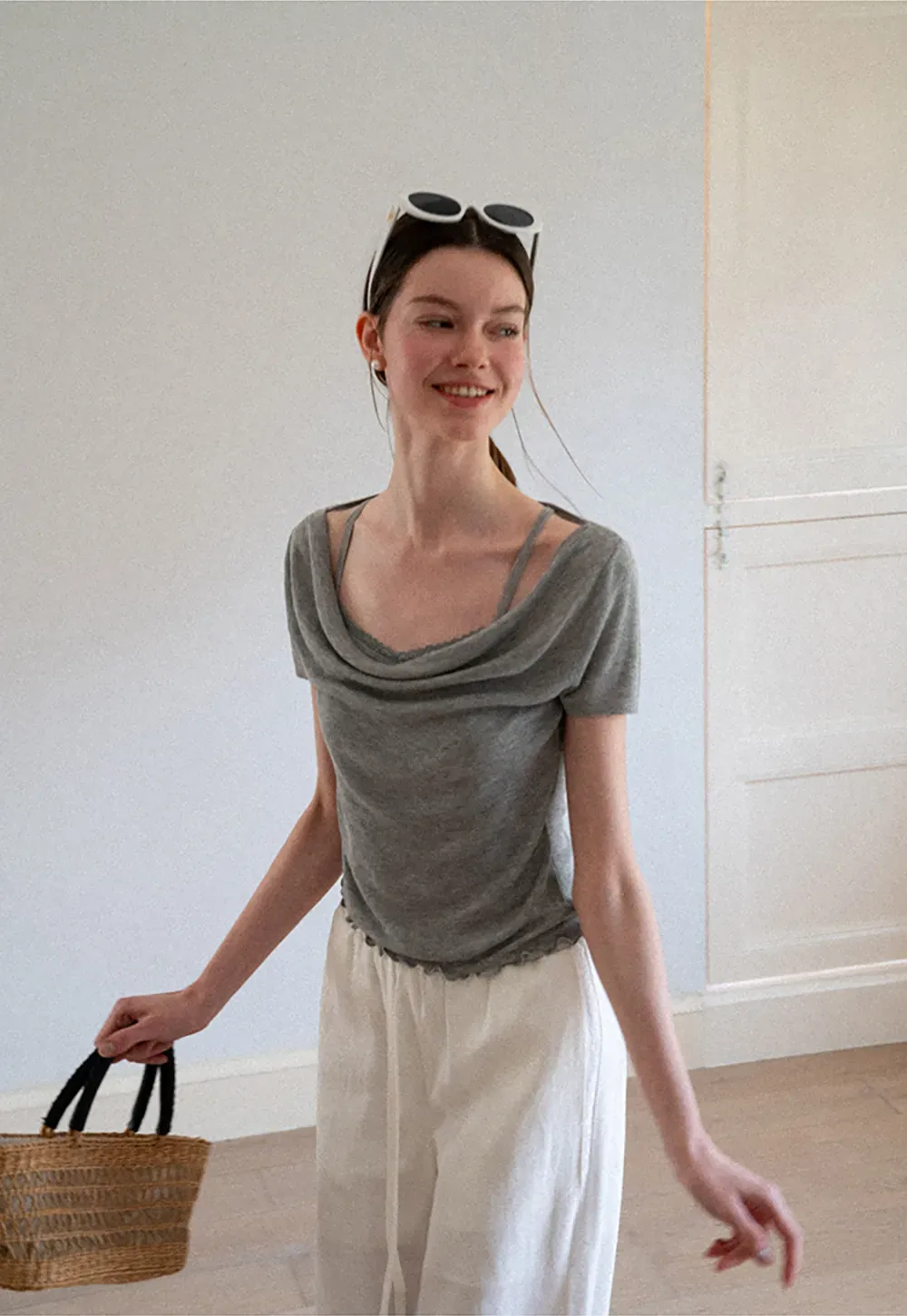 Cowl Neck Short Sleeve Woolen Knit Sweater