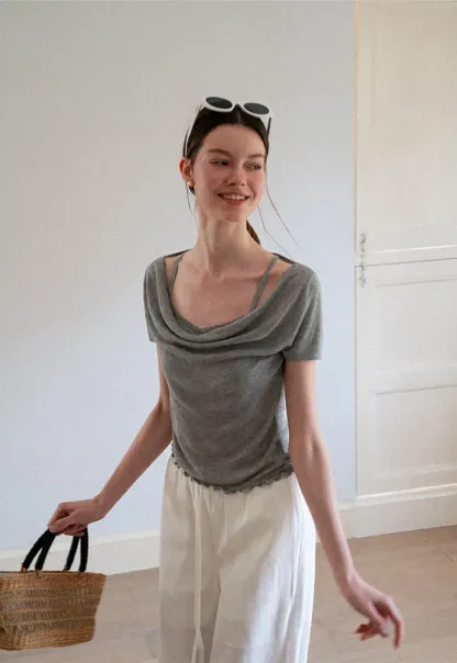 Cowl Neck Short Sleeve Woolen Knit Sweater