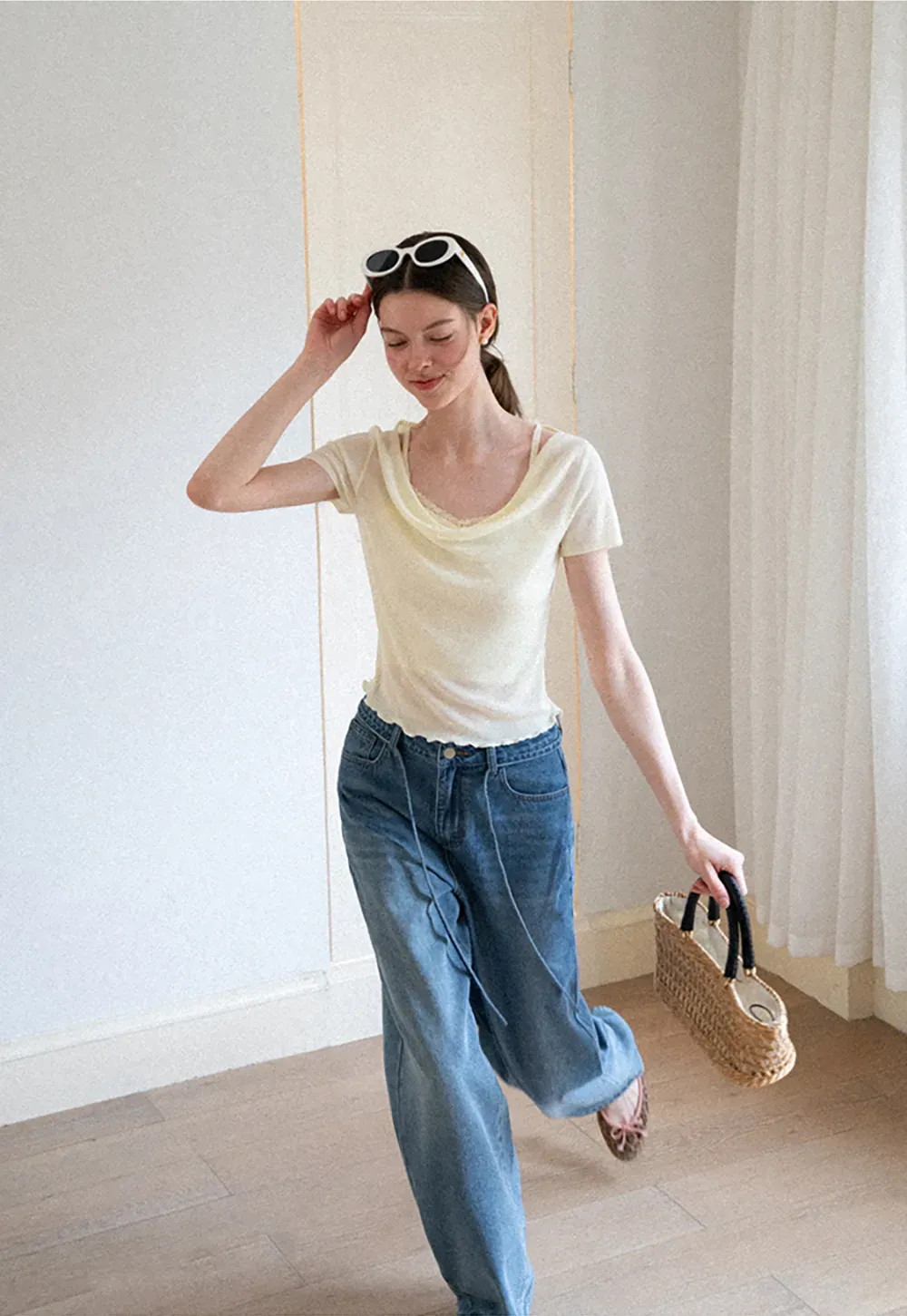 Cowl Neck Short Sleeve Woolen Knit Sweater