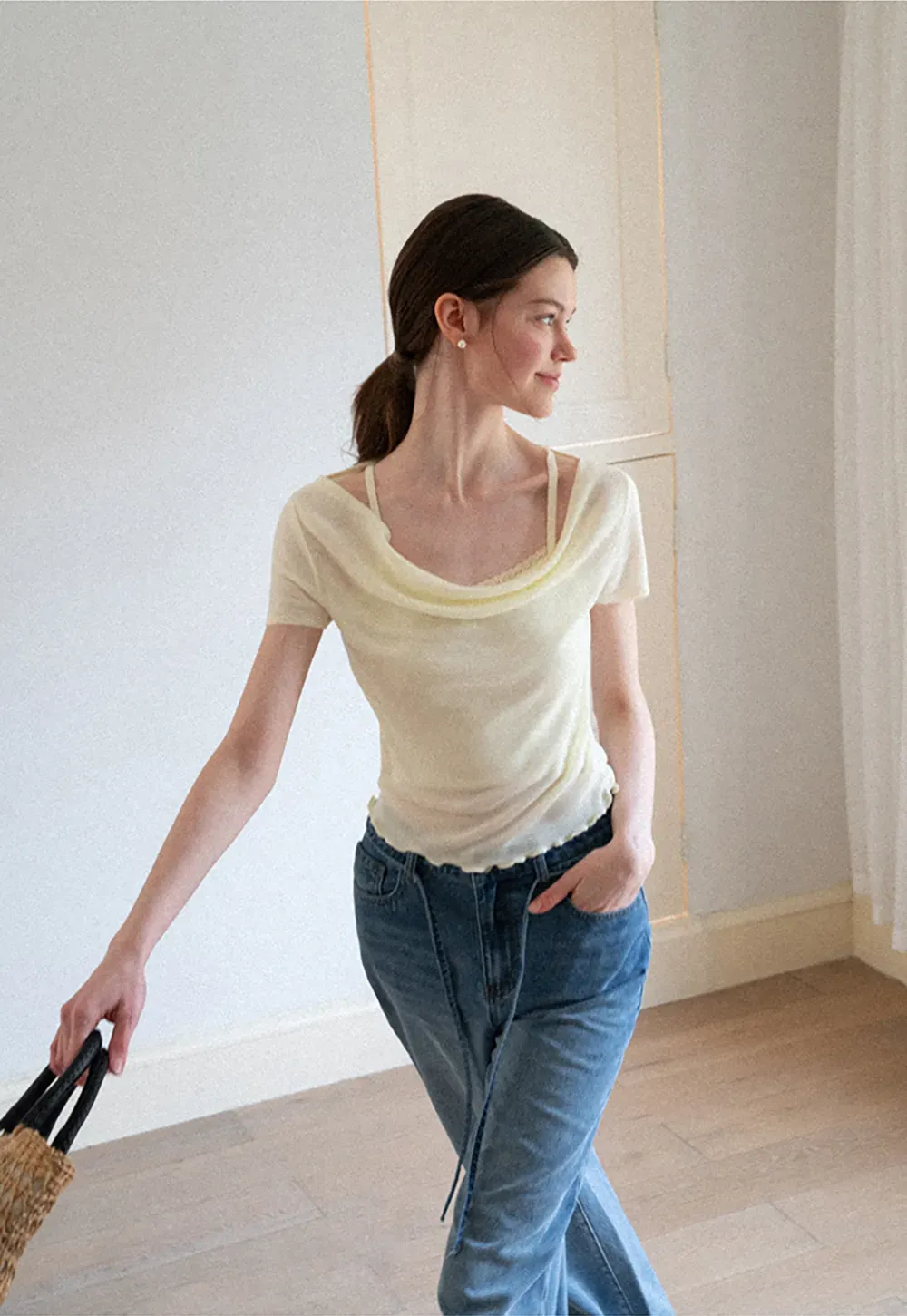 Cowl Neck Short Sleeve Woolen Knit Sweater