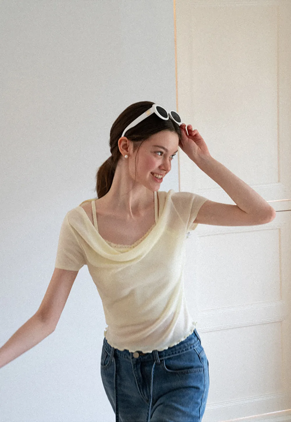 Cowl Neck Short Sleeve Woolen Knit Sweater