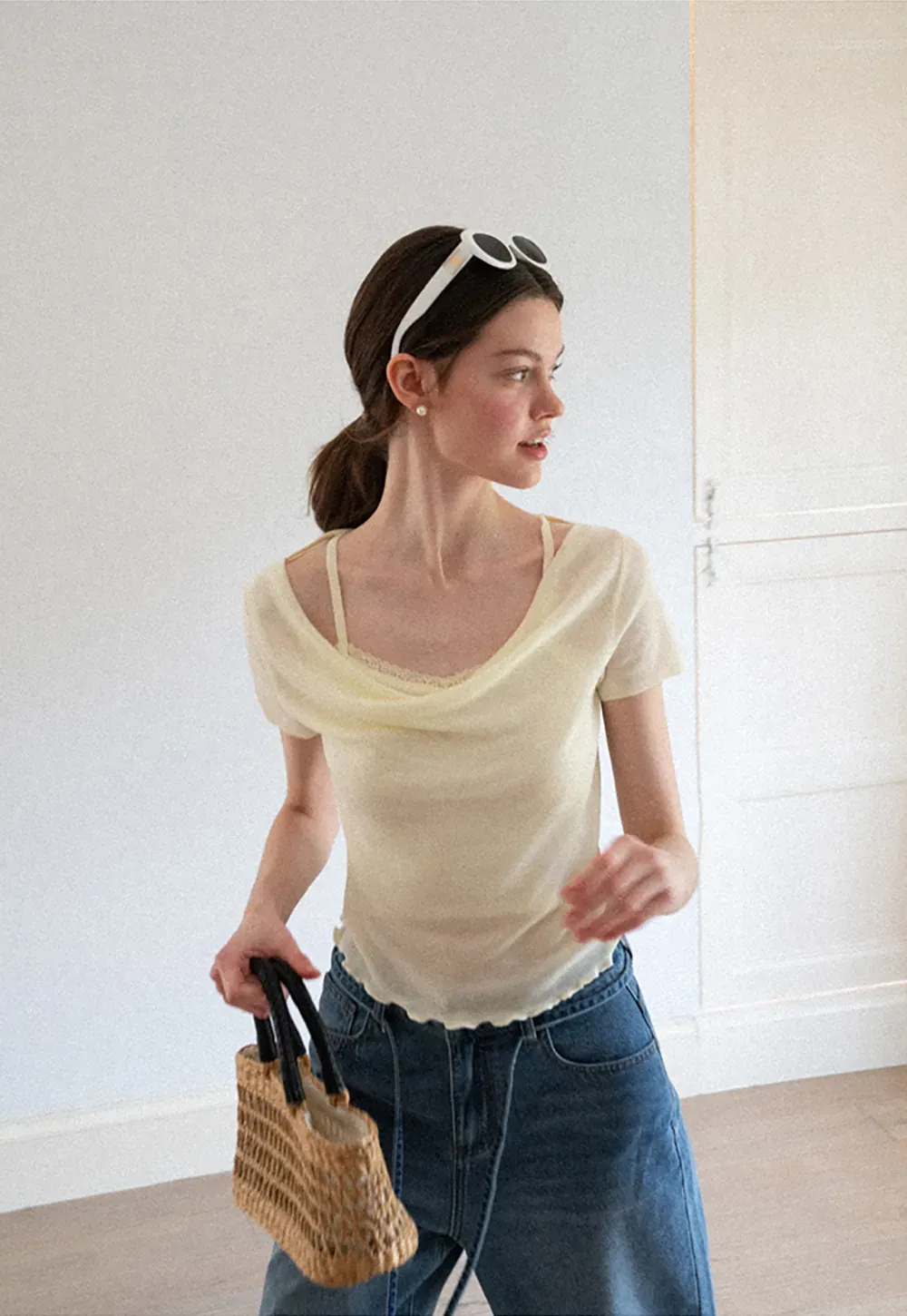 Cowl Neck Short Sleeve Woolen Knit Sweater