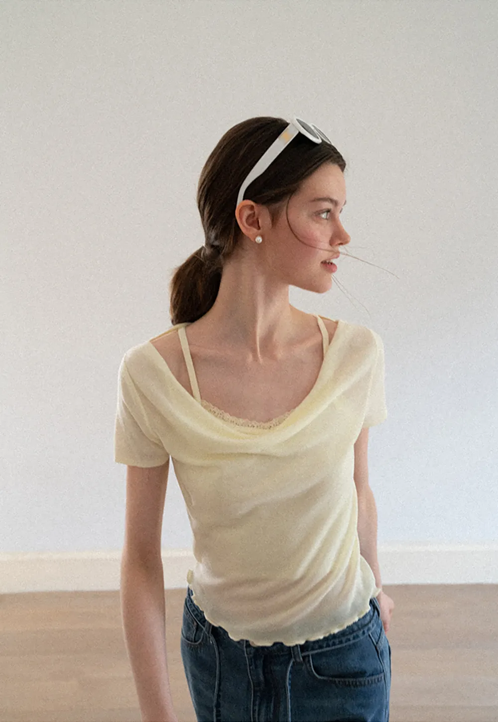 Cowl Neck Short Sleeve Woolen Knit Sweater