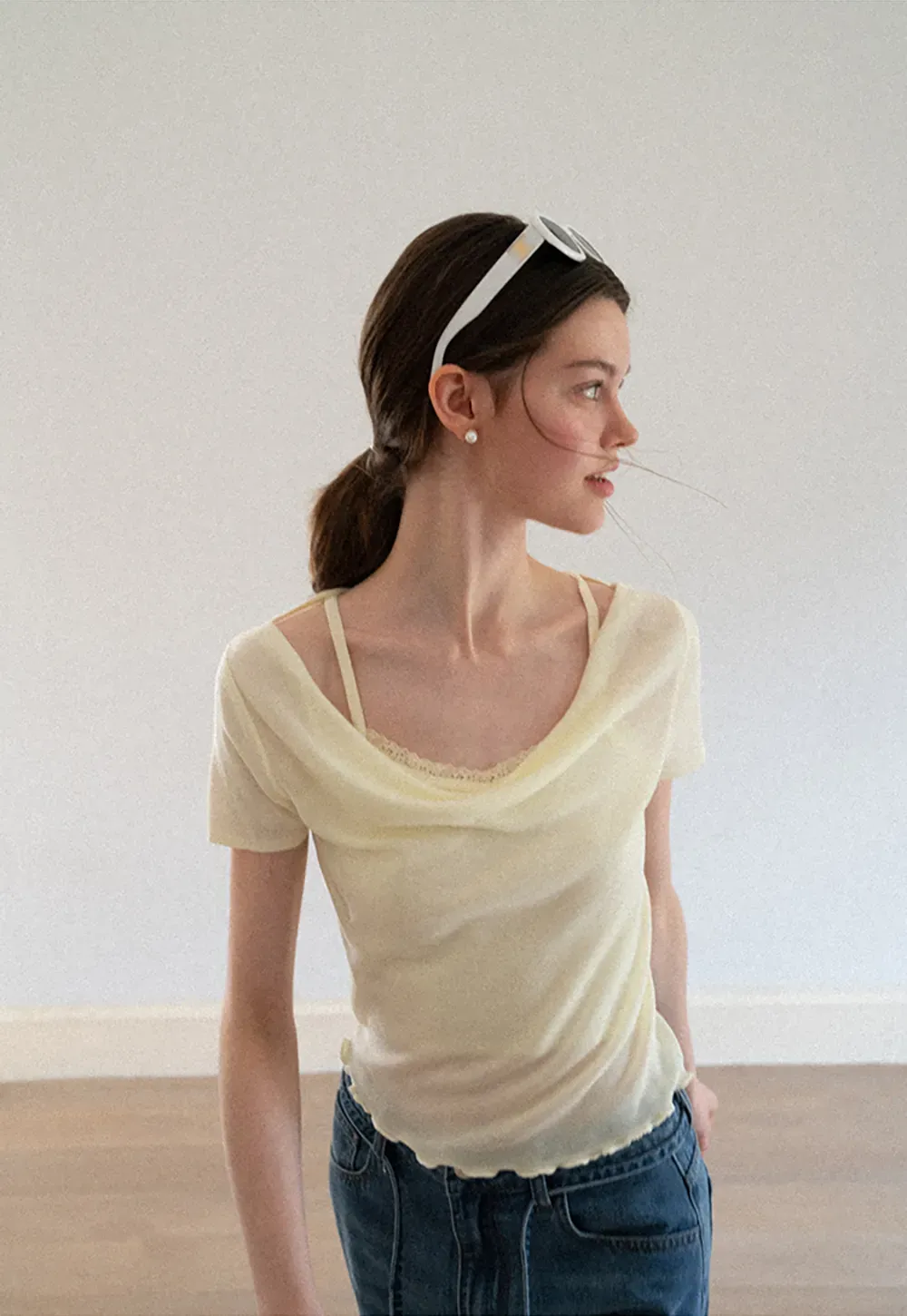 Cowl Neck Short Sleeve Woolen Knit Sweater