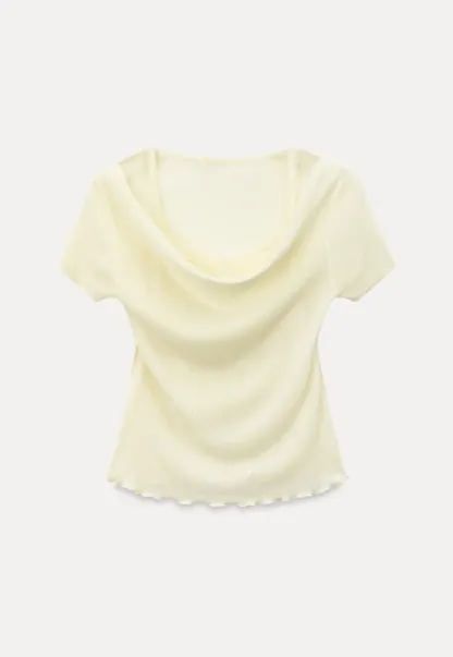 Cowl Neck Short Sleeve Woolen Knit Sweater