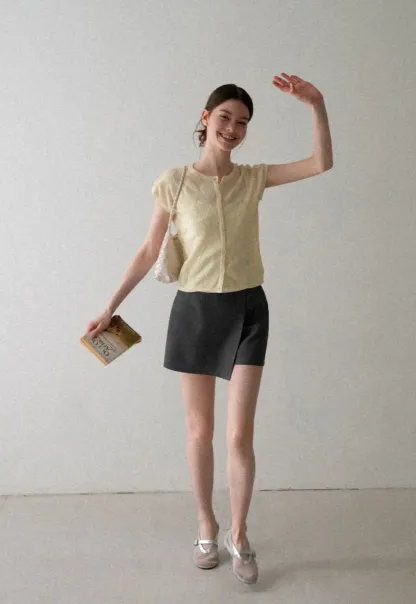 Diamond Knit Button Front Short Sleeve Sweater