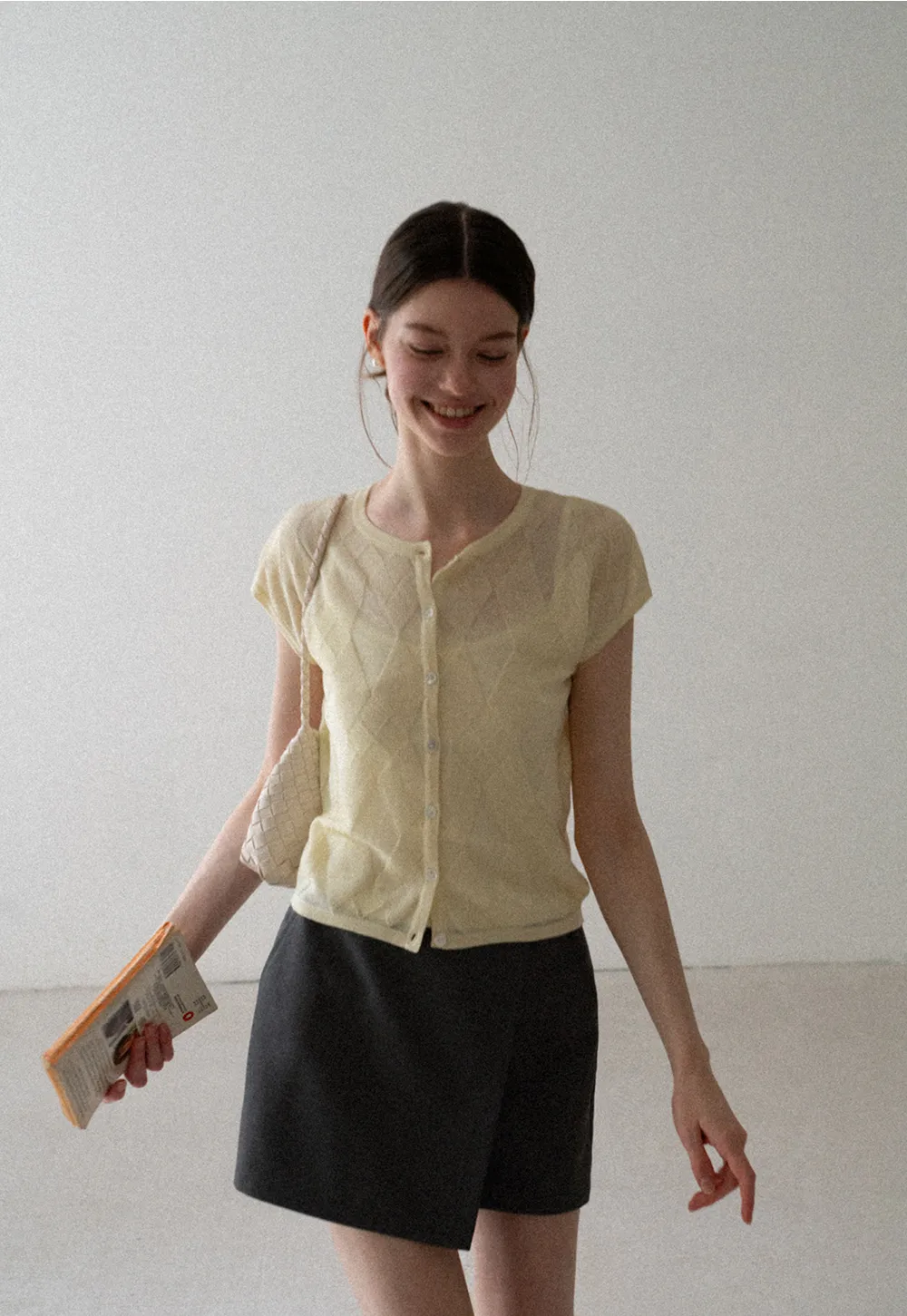 Diamond Knit Button Front Short Sleeve Sweater