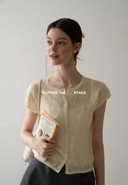 Diamond Knit Button Front Short Sleeve Sweater