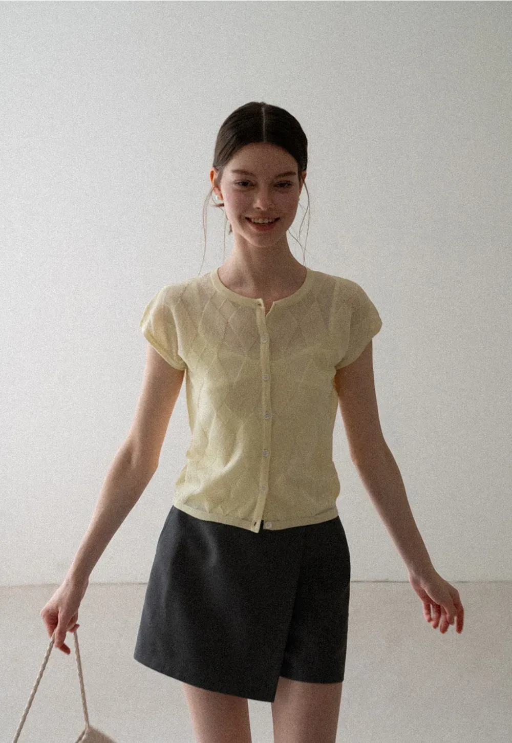 Diamond Knit Button Front Short Sleeve Sweater