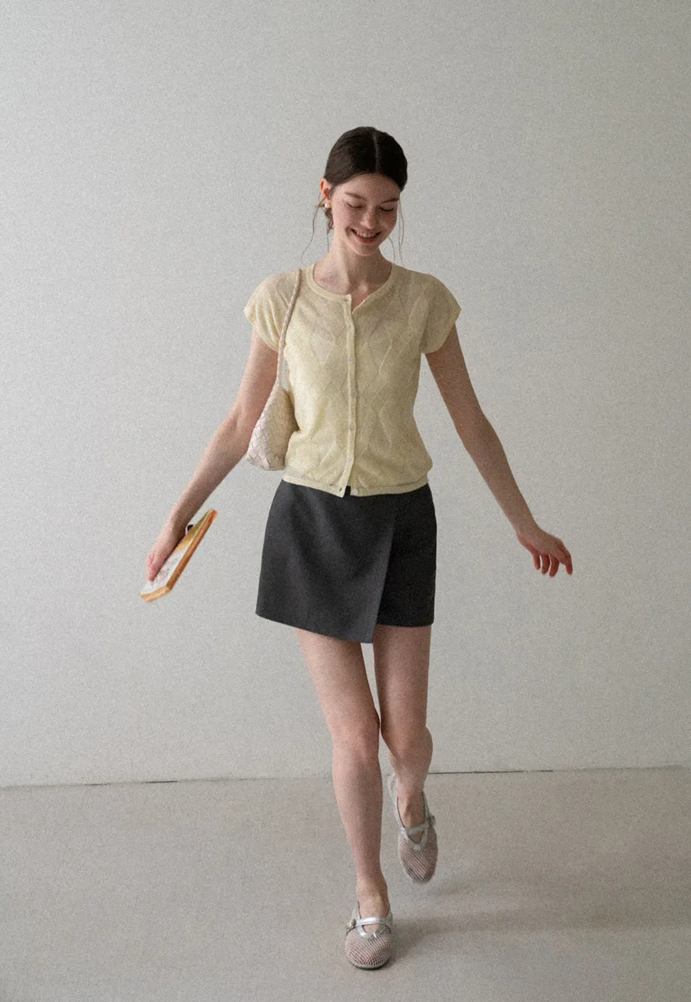 Diamond Knit Button Front Short Sleeve Sweater