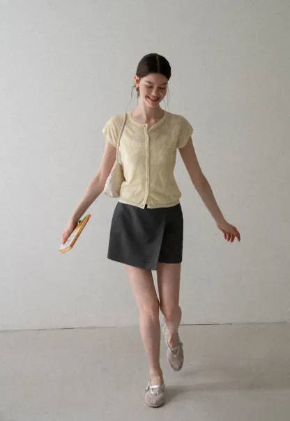 Diamond Knit Button Front Short Sleeve Sweater
