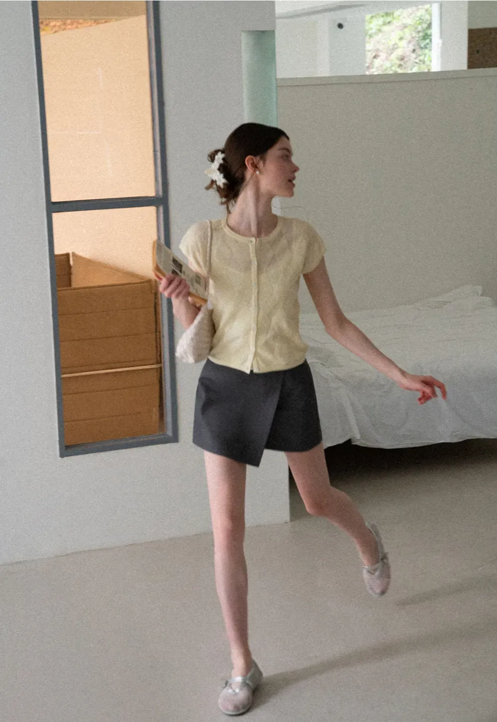 Diamond Knit Button Front Short Sleeve Sweater