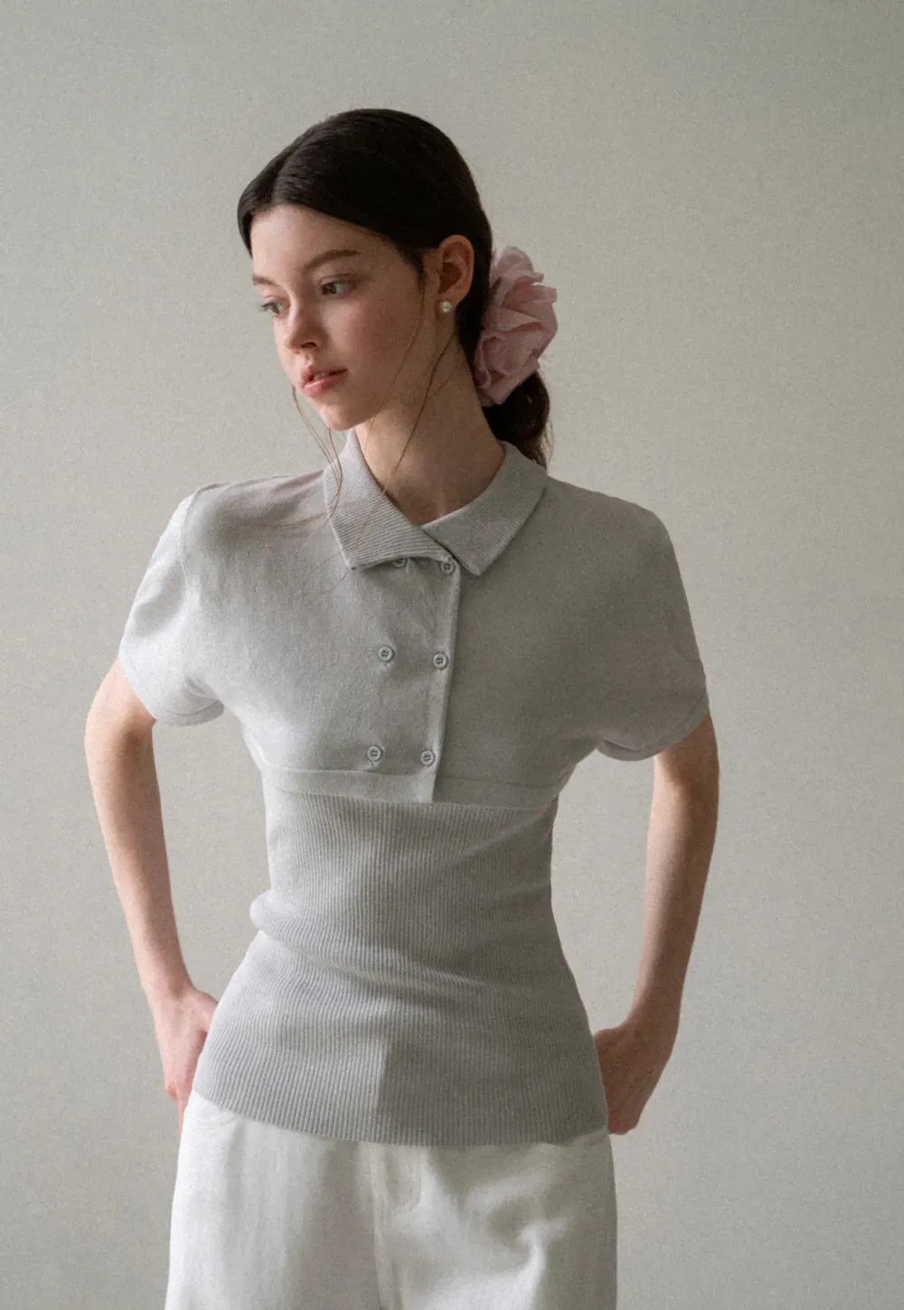 Ribbed Knit Polo Neck Short Sleeve Sweater