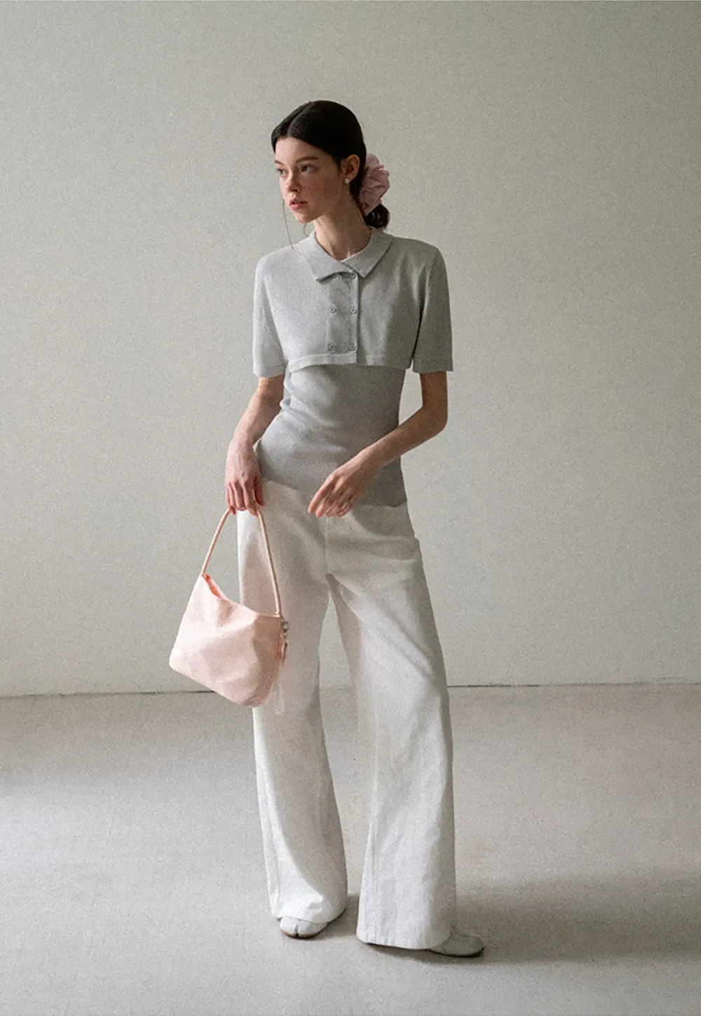 Ribbed Knit Polo Neck Short Sleeve Sweater