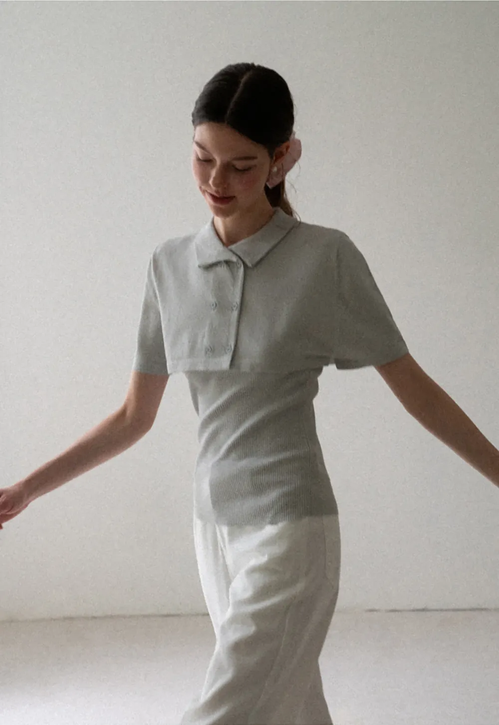 Ribbed Knit Polo Neck Short Sleeve Sweater