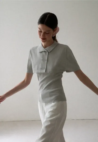 Ribbed Knit Polo Neck Short Sleeve Sweater