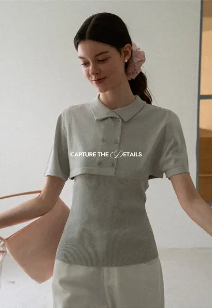 Ribbed Knit Polo Neck Short Sleeve Sweater