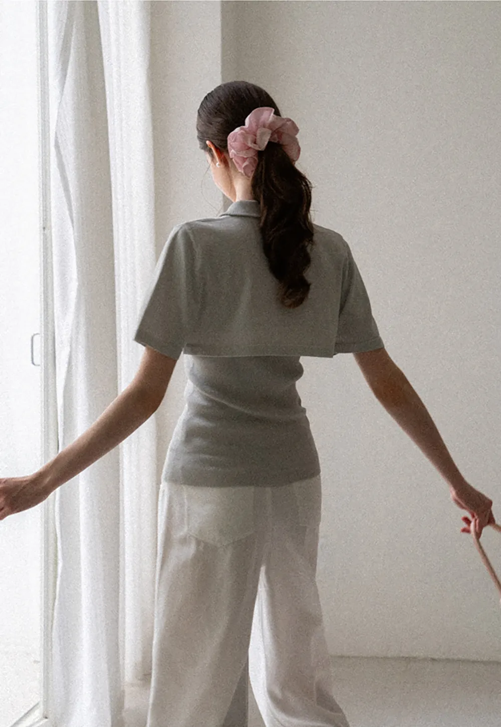 Ribbed Knit Polo Neck Short Sleeve Sweater