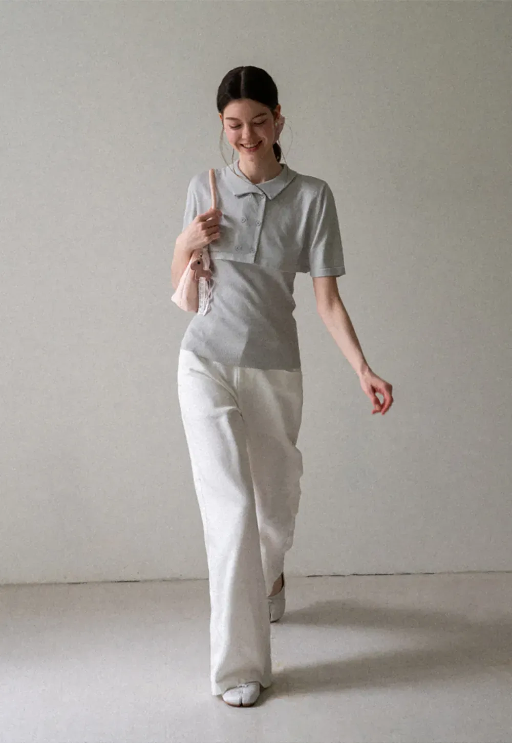 Ribbed Knit Polo Neck Short Sleeve Sweater