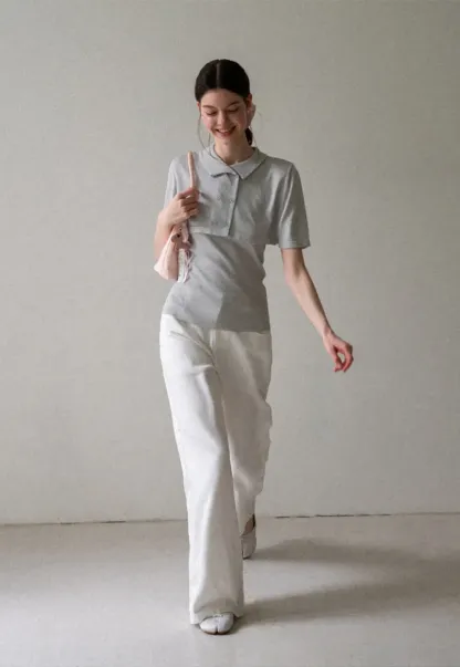 Ribbed Knit Polo Neck Short Sleeve Sweater