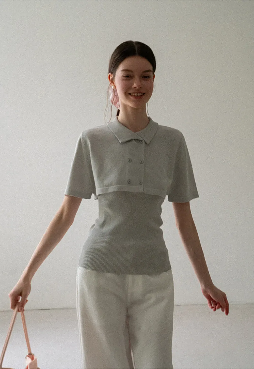 Ribbed Knit Polo Neck Short Sleeve Sweater