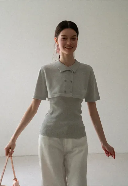 Ribbed Knit Polo Neck Short Sleeve Sweater