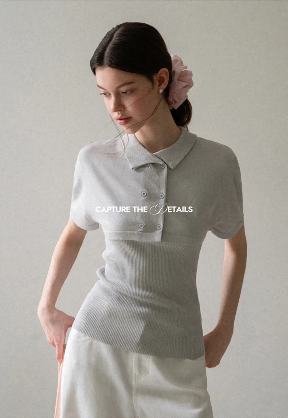 Ribbed Knit Polo Neck Short Sleeve Sweater