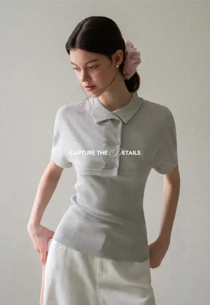 Ribbed Knit Polo Neck Short Sleeve Sweater