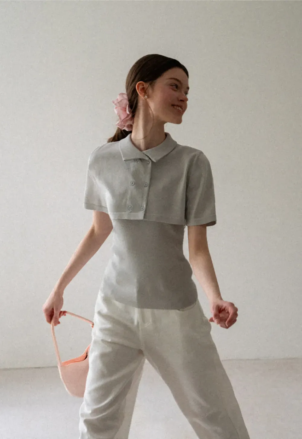 Ribbed Knit Polo Neck Short Sleeve Sweater