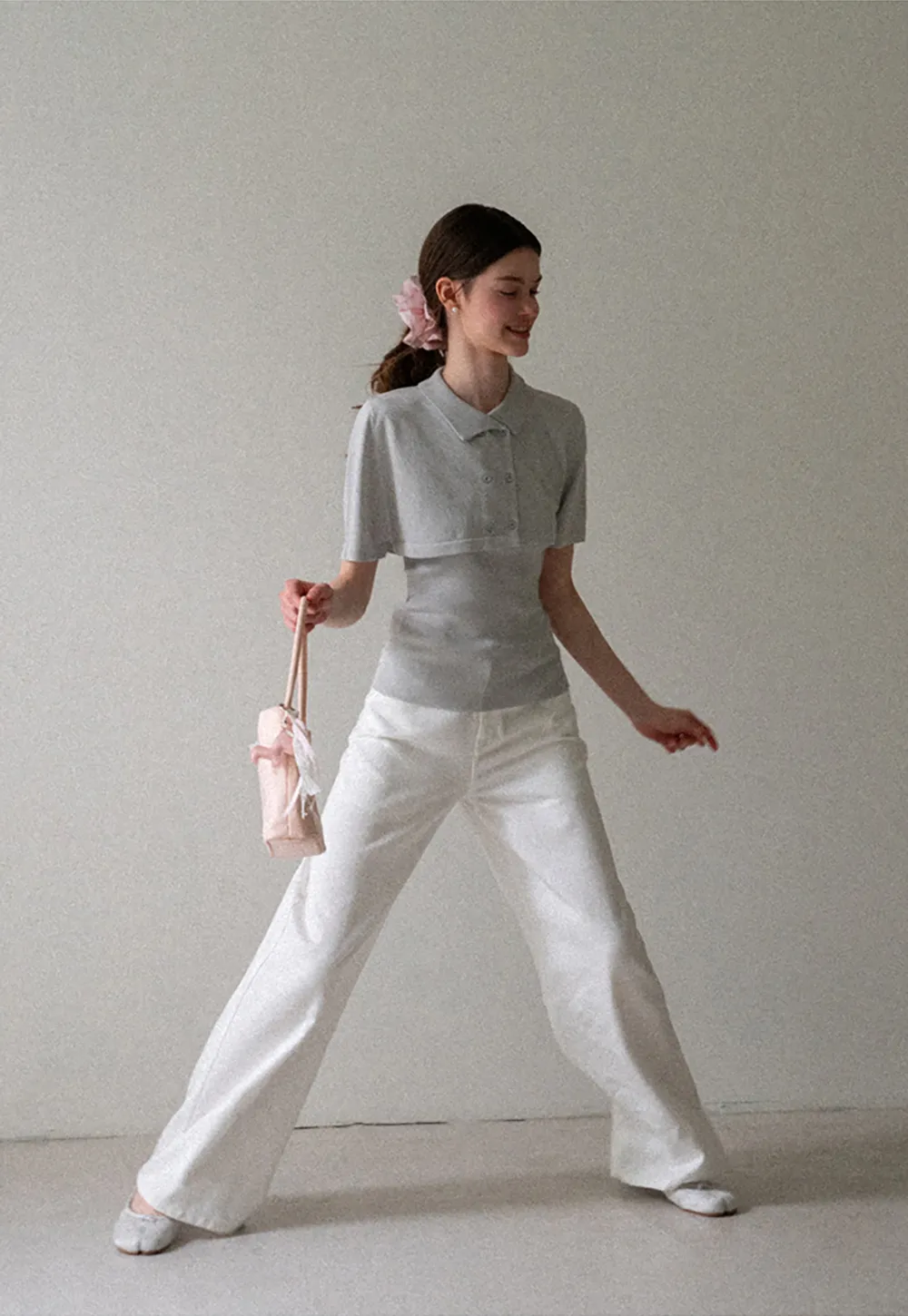 Ribbed Knit Polo Neck Short Sleeve Sweater