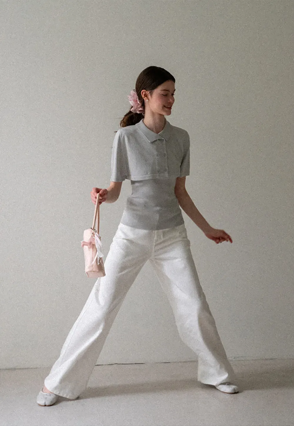 Ribbed Knit Polo Neck Short Sleeve Sweater