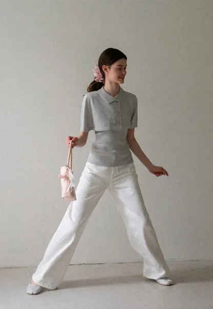 Ribbed Knit Polo Neck Short Sleeve Sweater