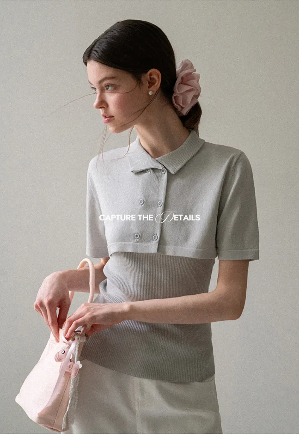 Ribbed Knit Polo Neck Short Sleeve Sweater