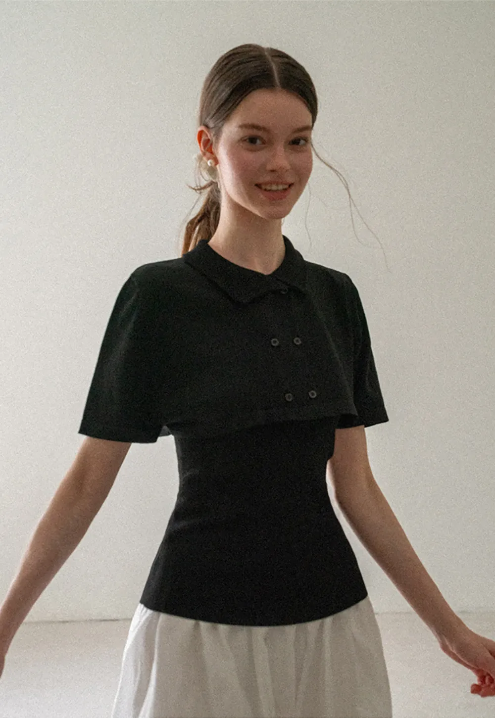 Ribbed Knit Polo Neck Short Sleeve Sweater