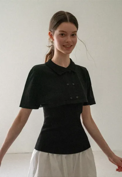 Ribbed Knit Polo Neck Short Sleeve Sweater