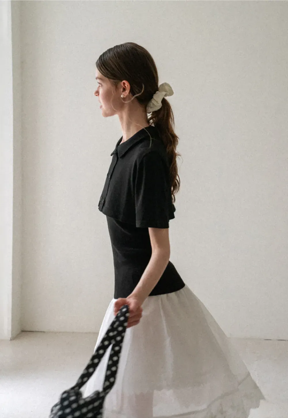 Ribbed Knit Polo Neck Short Sleeve Sweater