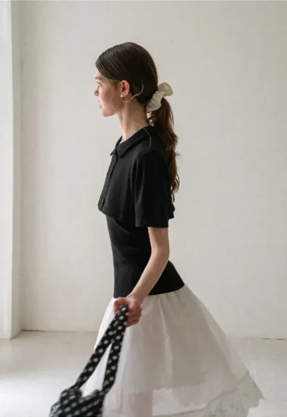 Ribbed Knit Polo Neck Short Sleeve Sweater