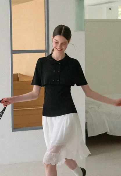 Ribbed Knit Polo Neck Short Sleeve Sweater