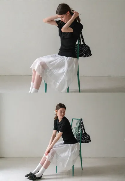 Ribbed Knit Polo Neck Short Sleeve Sweater