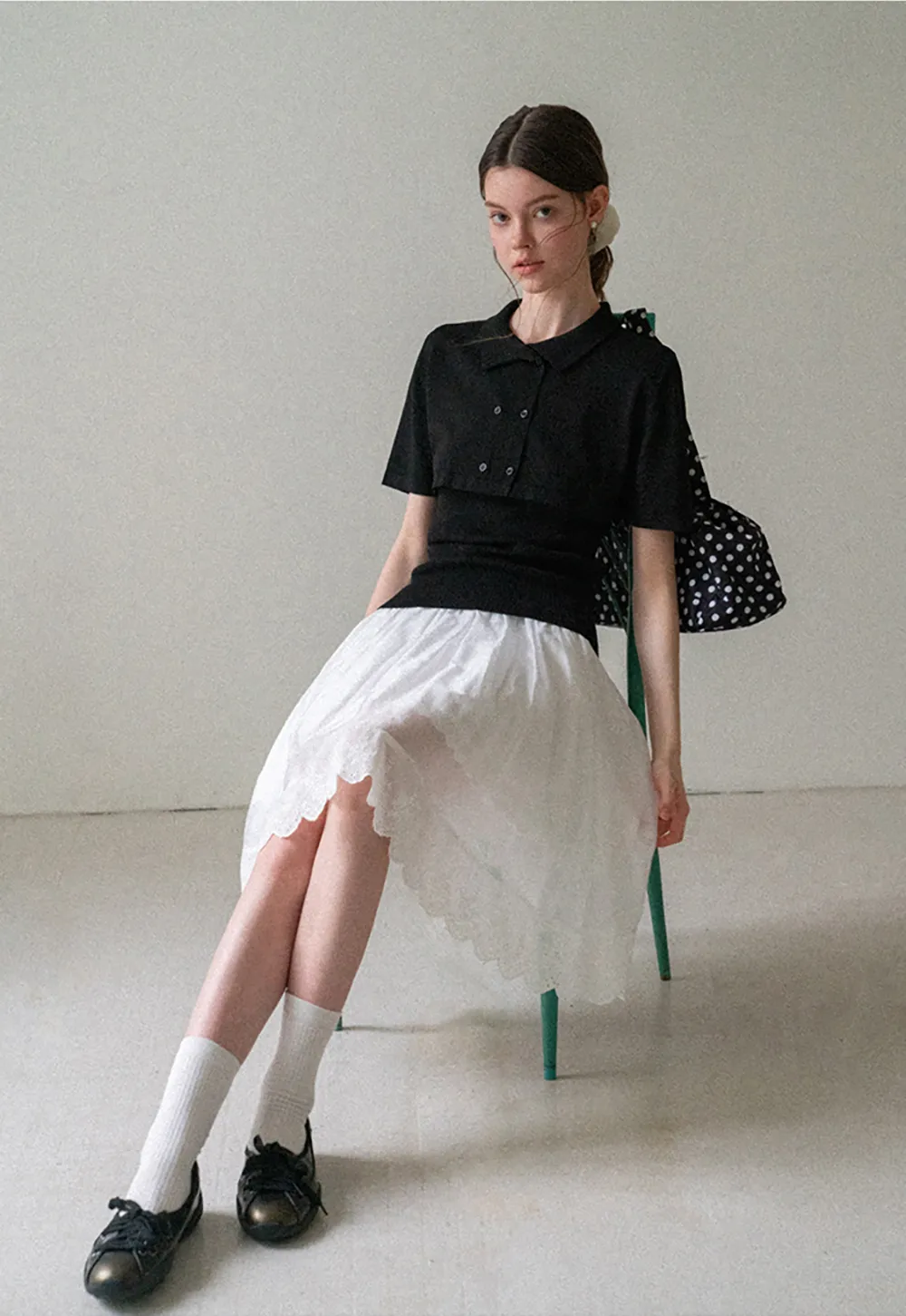 Ribbed Knit Polo Neck Short Sleeve Sweater