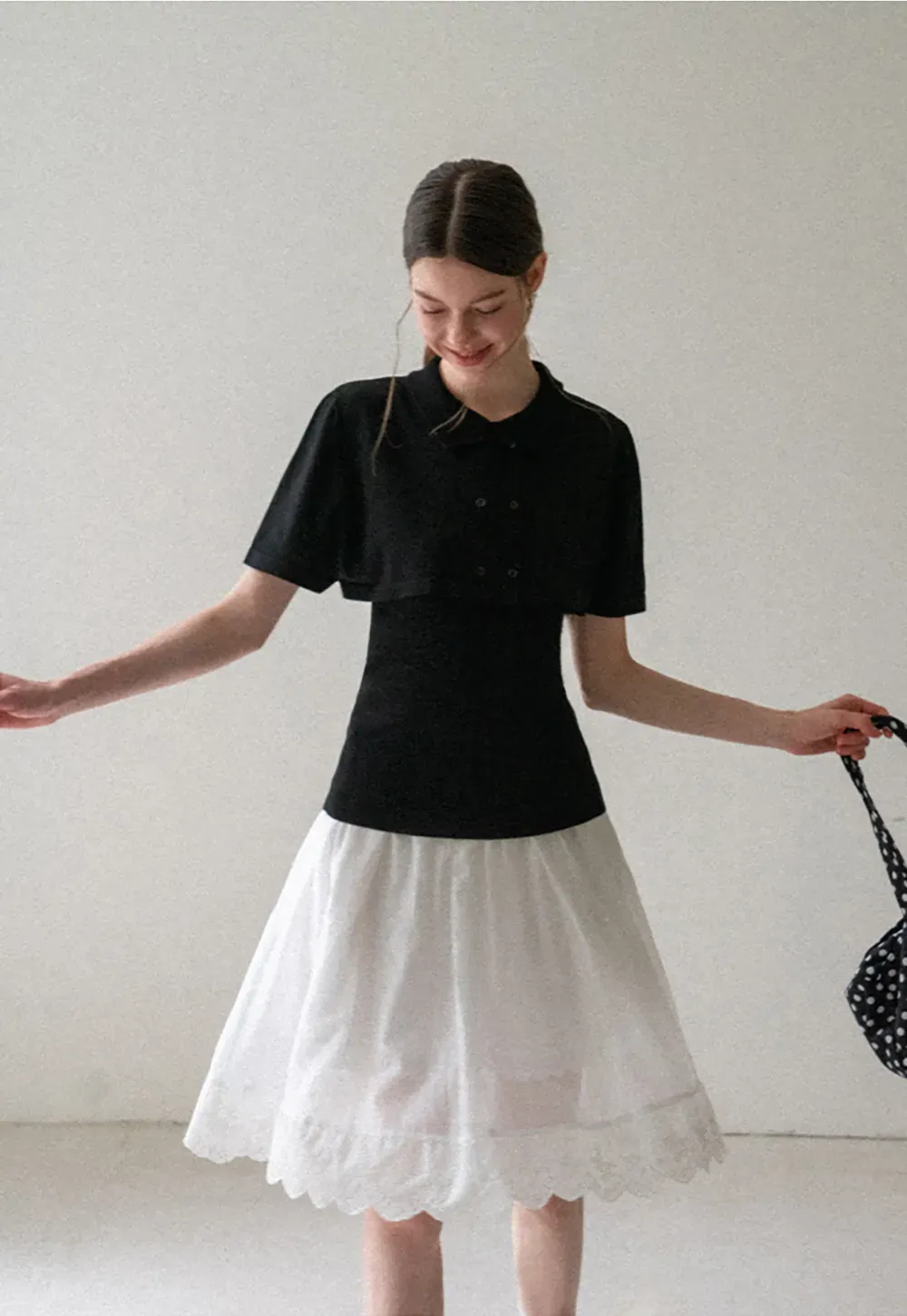 Ribbed Knit Polo Neck Short Sleeve Sweater