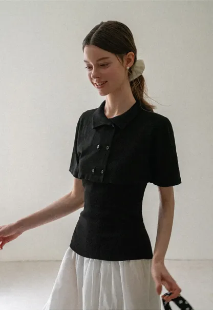 Ribbed Knit Polo Neck Short Sleeve Sweater