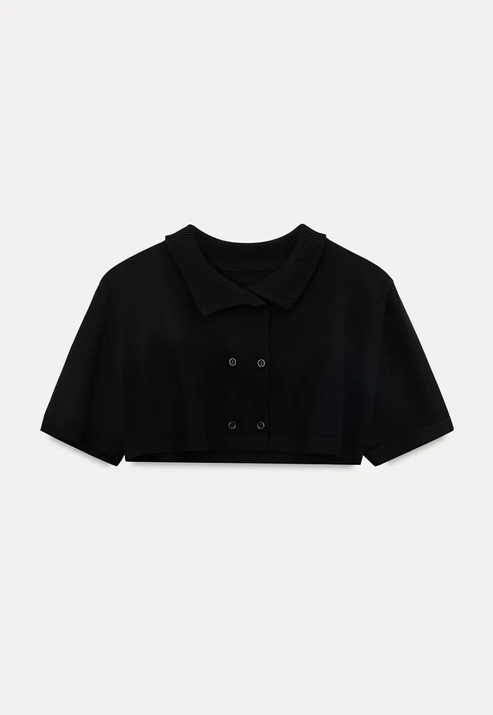 Ribbed Knit Polo Neck Short Sleeve Sweater