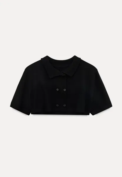 Ribbed Knit Polo Neck Short Sleeve Sweater