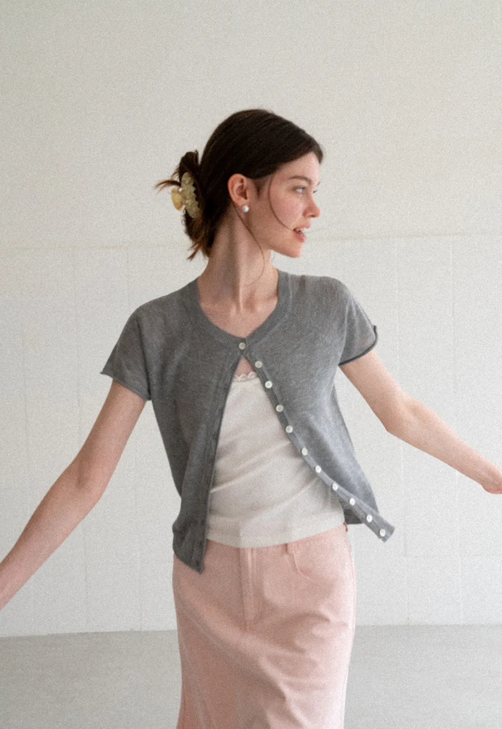 Asymmetrical Button Front Knit Sweater Short Sleeve V Neck