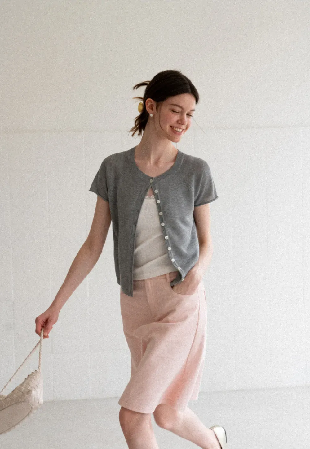 Asymmetrical Button Front Knit Sweater Short Sleeve V Neck