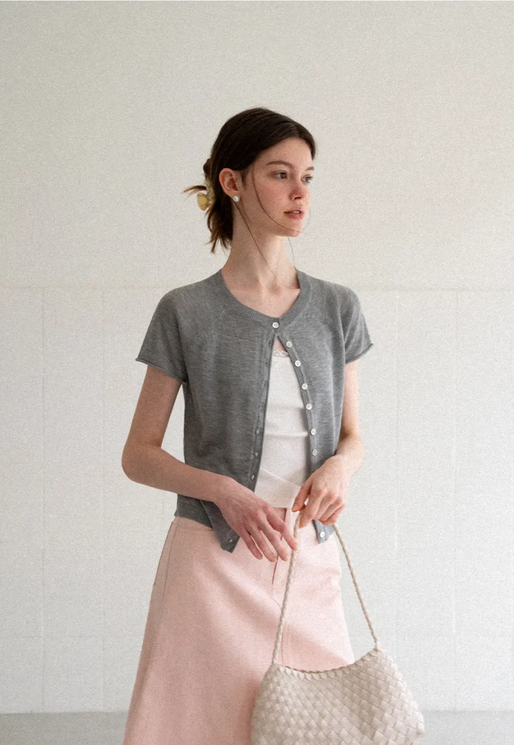 Asymmetrical Button Front Knit Sweater Short Sleeve V Neck