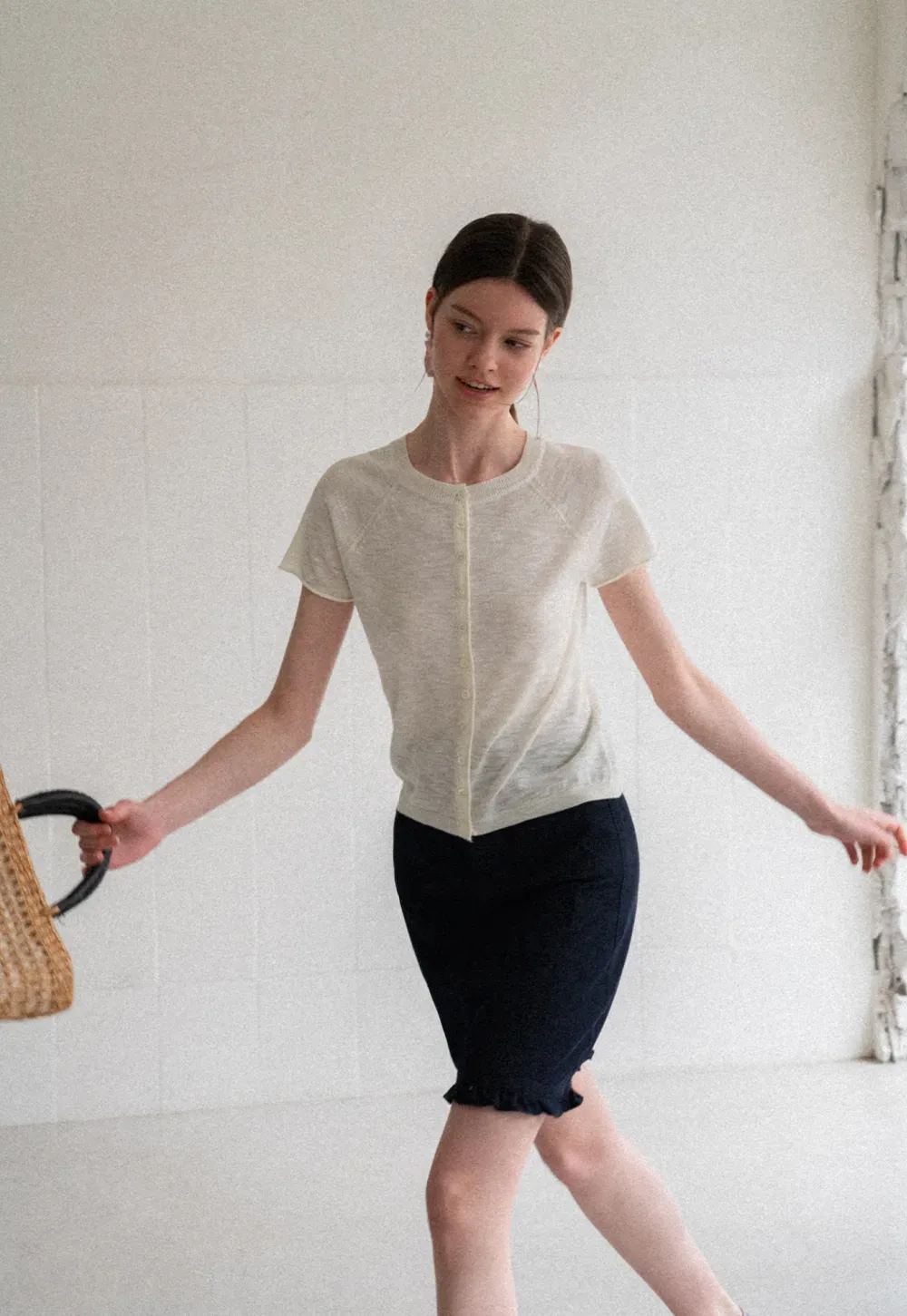 Asymmetrical Button Front Knit Sweater Short Sleeve V Neck
